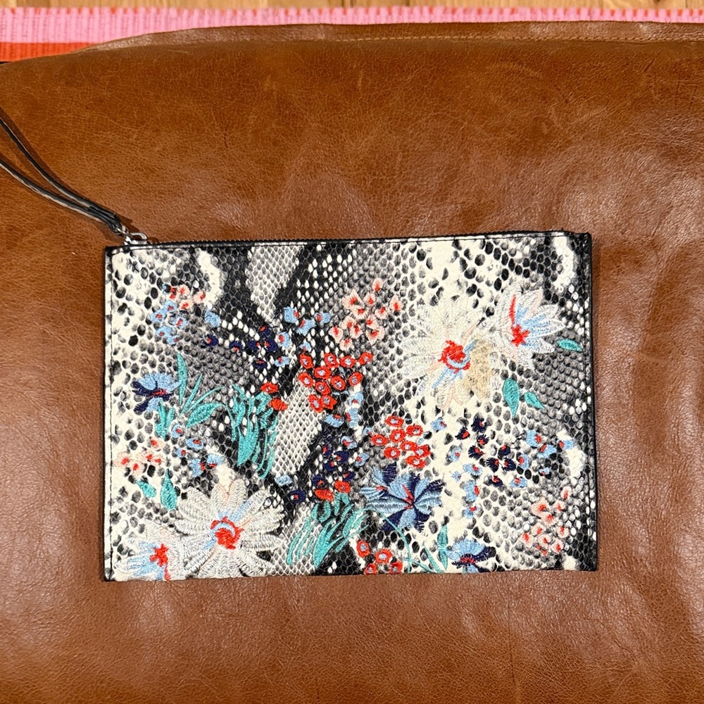 Floral Embossed Snake-Print Wristlet Pouch - Multicolor